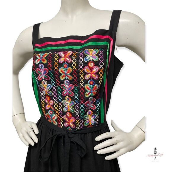 VINTAGE 70s 80s Embroidered BUTTERFLIES Folk Art Peasant Sun Dress Boho 8 10 M - Picture 11 of 16